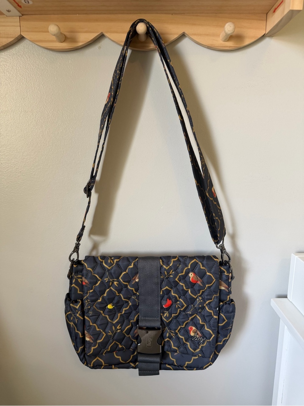 Lug Quilted Harness Bird Print Crossbody Bag Zip/Buckle Closure Adjustable NWOT